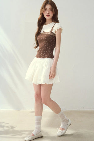 Floral Lace Strap Camisole And Puff Sleeve Top
