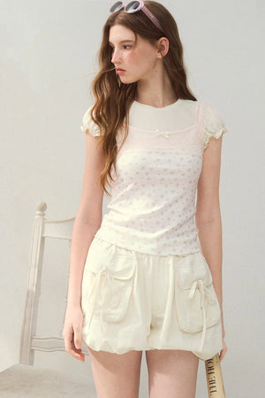 Floral Lace Strap Camisole And Puff Sleeve Top