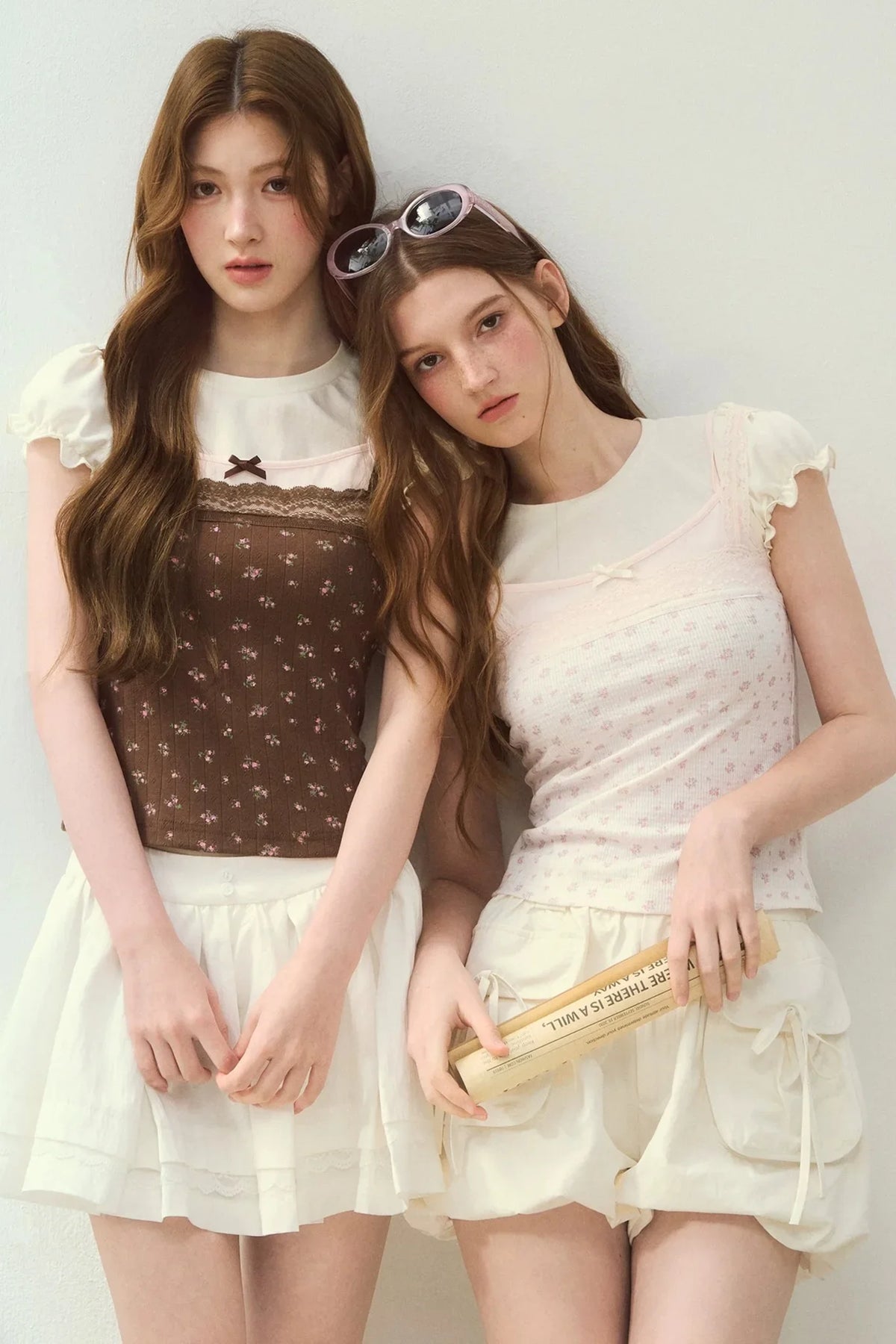 Floral Lace Strap Camisole And Puff Sleeve Top