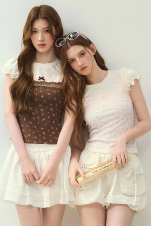 Floral Lace Strap Camisole And Puff Sleeve Top