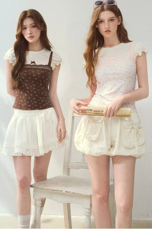 Floral Lace Strap Camisole And Puff Sleeve Top