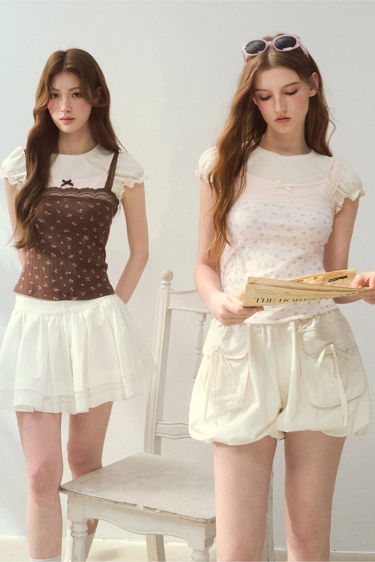 Floral Lace Strap Camisole And Puff Sleeve Top