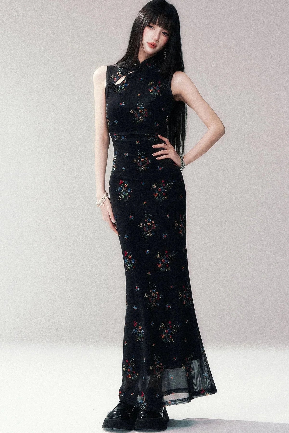 Floral Mesh Cheongsam Long Dress