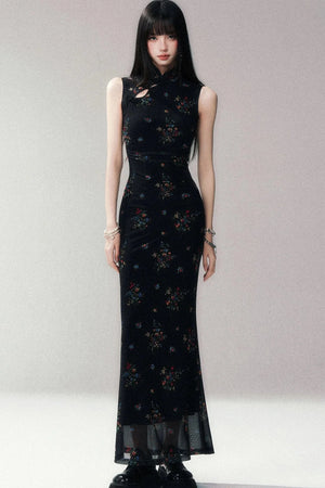 Floral Mesh Cheongsam Long Dress