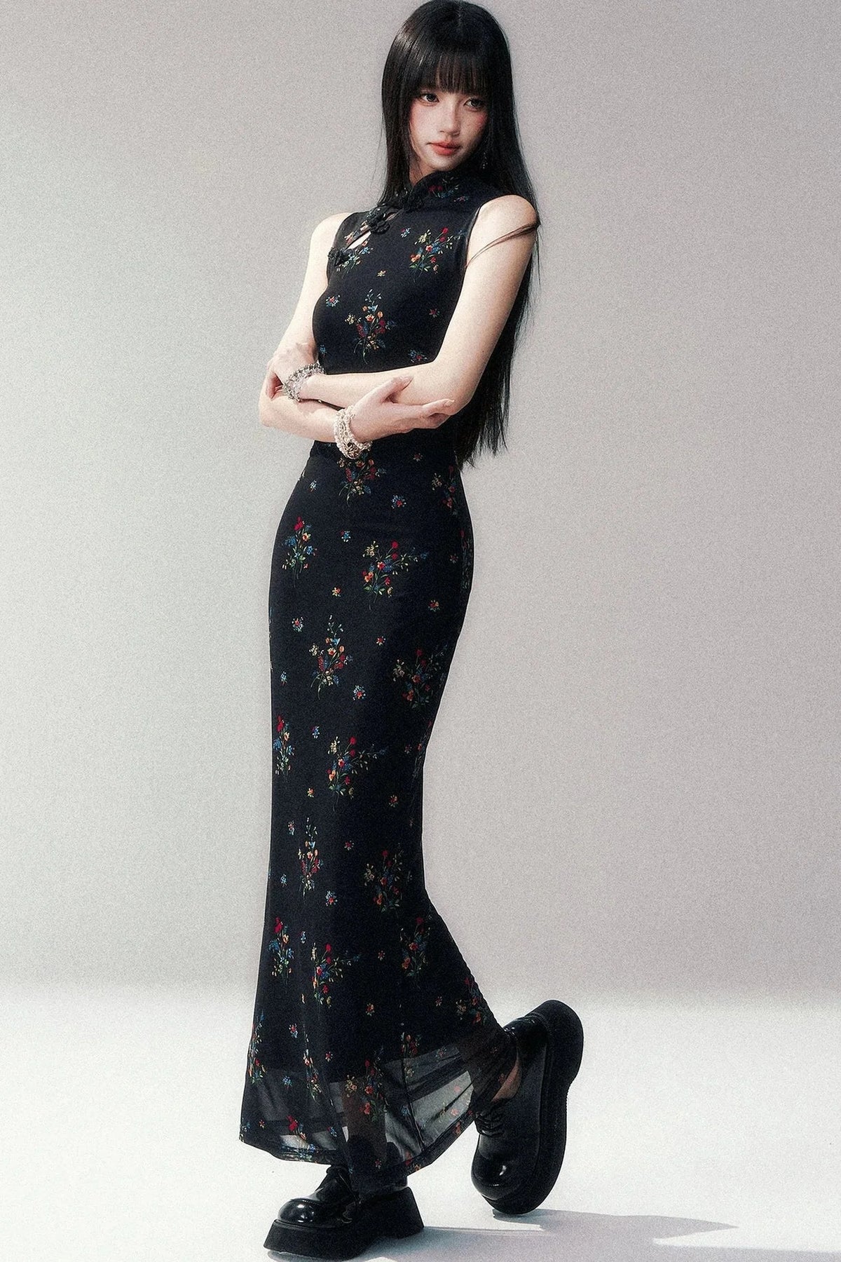 Floral Mesh Cheongsam Long Dress