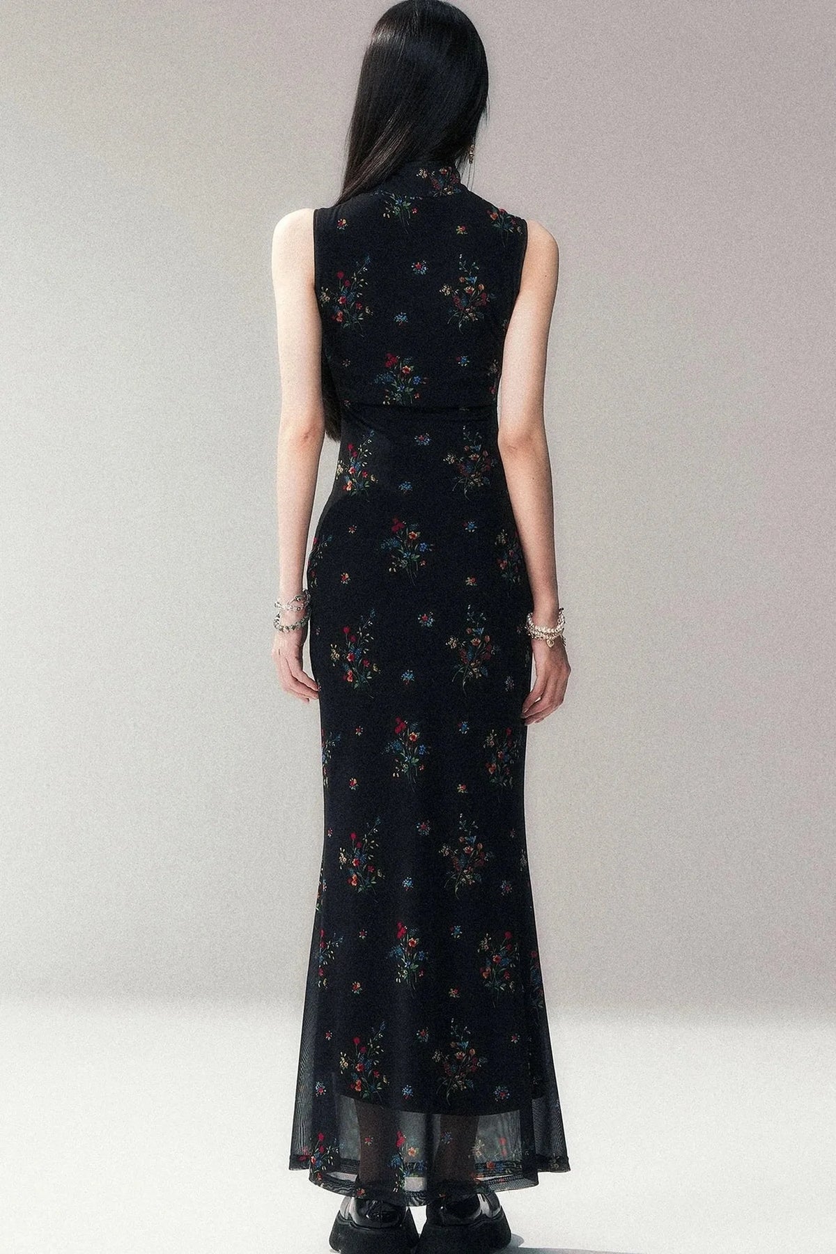 Floral Mesh Cheongsam Long Dress