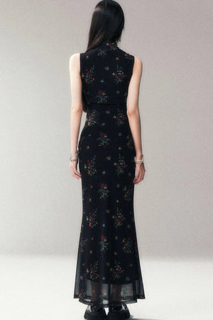 Floral Mesh Cheongsam Long Dress