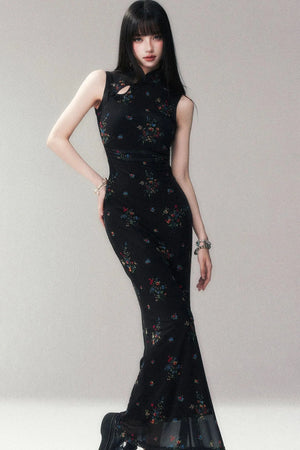 Floral Mesh Cheongsam Long Dress