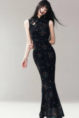 Floral Mesh Cheongsam Long Dress