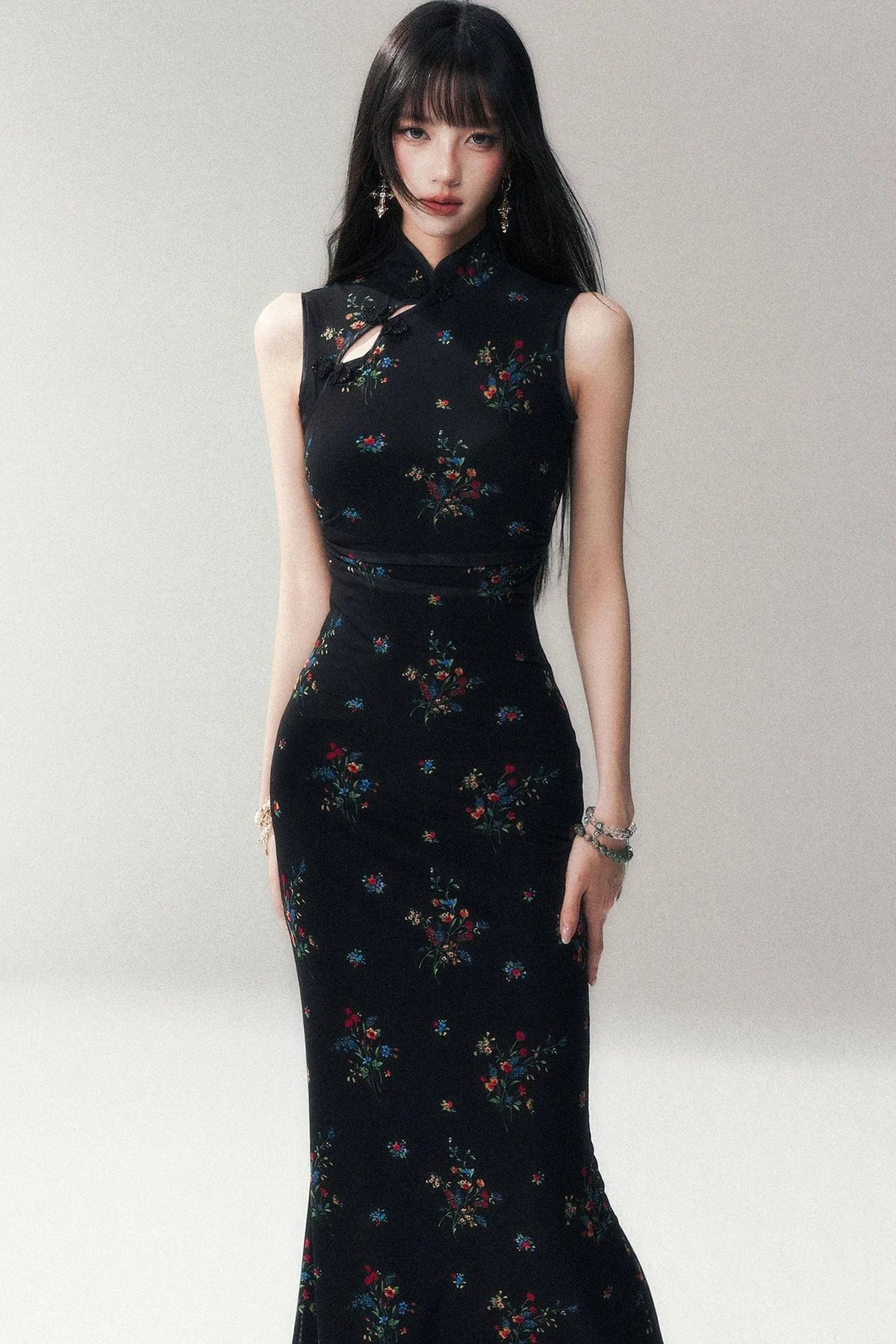 Floral Mesh Cheongsam Long Dress