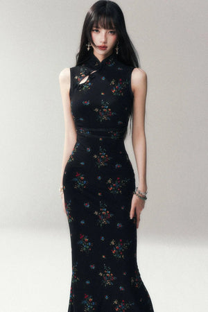 Floral Mesh Cheongsam Long Dress