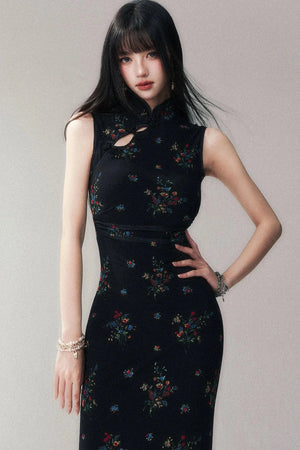 Floral Mesh Cheongsam Long Dress