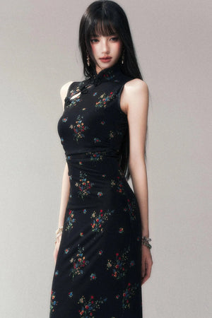 Floral Mesh Cheongsam Long Dress