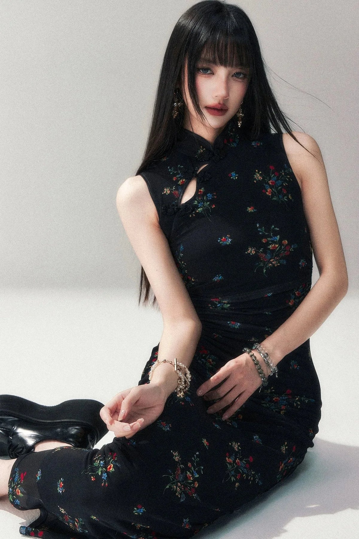 Floral Mesh Cheongsam Long Dress