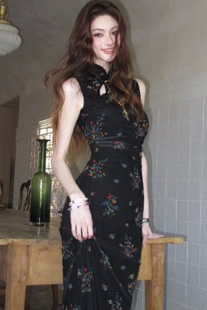 Floral Mesh Cheongsam Long Dress