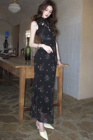 Floral Mesh Cheongsam Long Dress