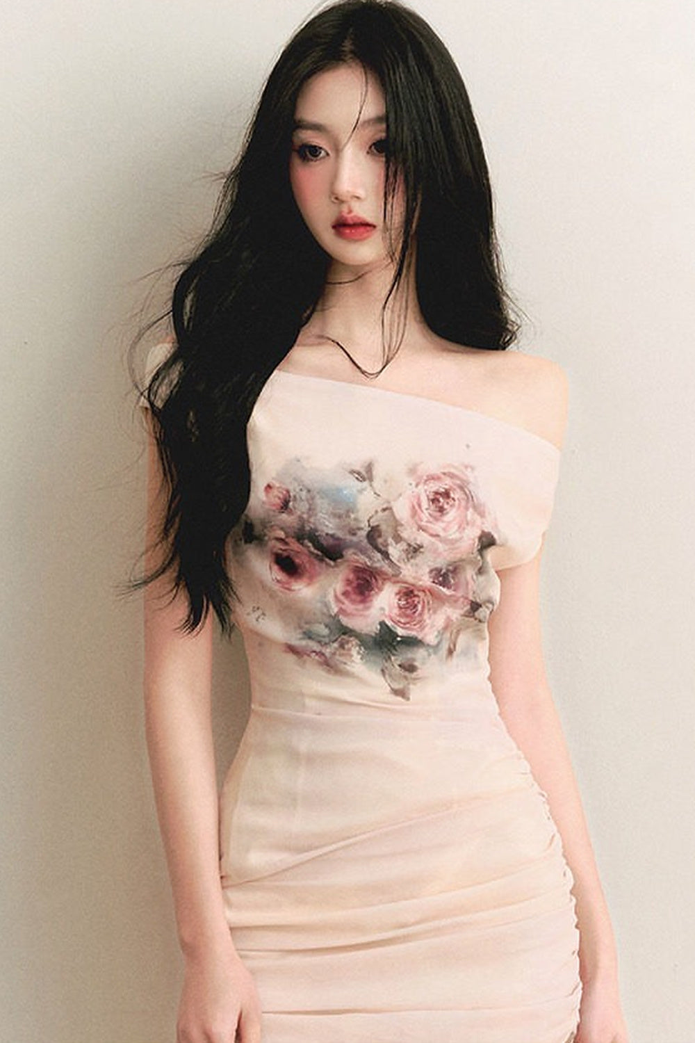 Floral Oil Painting Off-Shoulder Ruched Dress