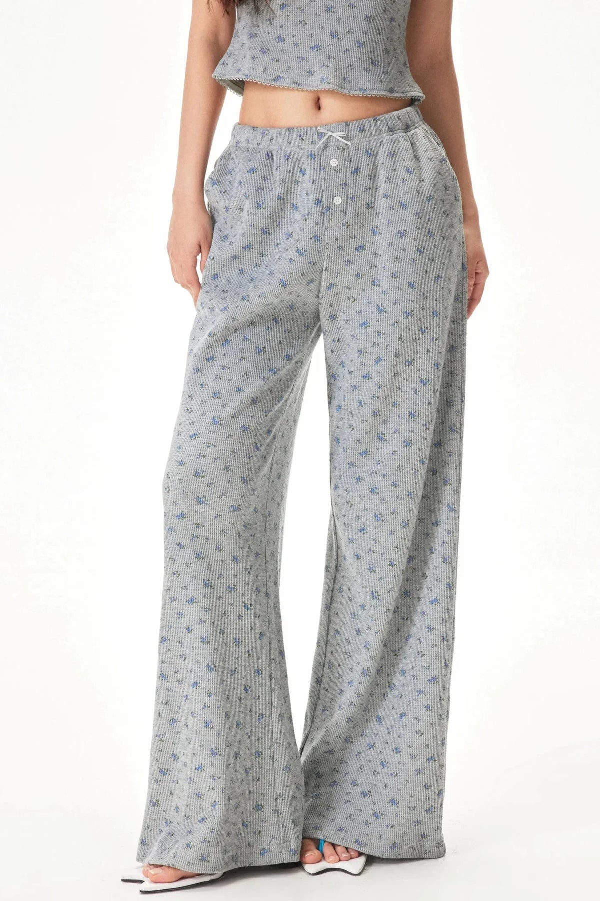 Floral Placket Blouse and Pants Set-Up