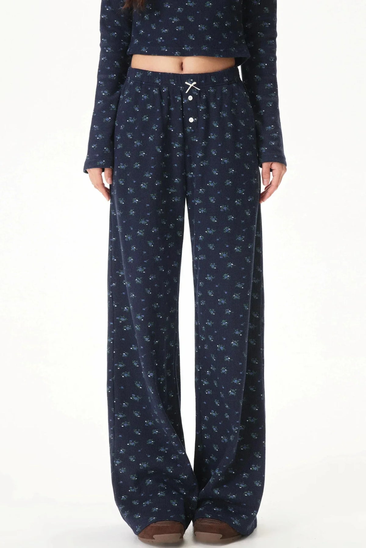 Floral Placket Blouse and Pants Set-Up