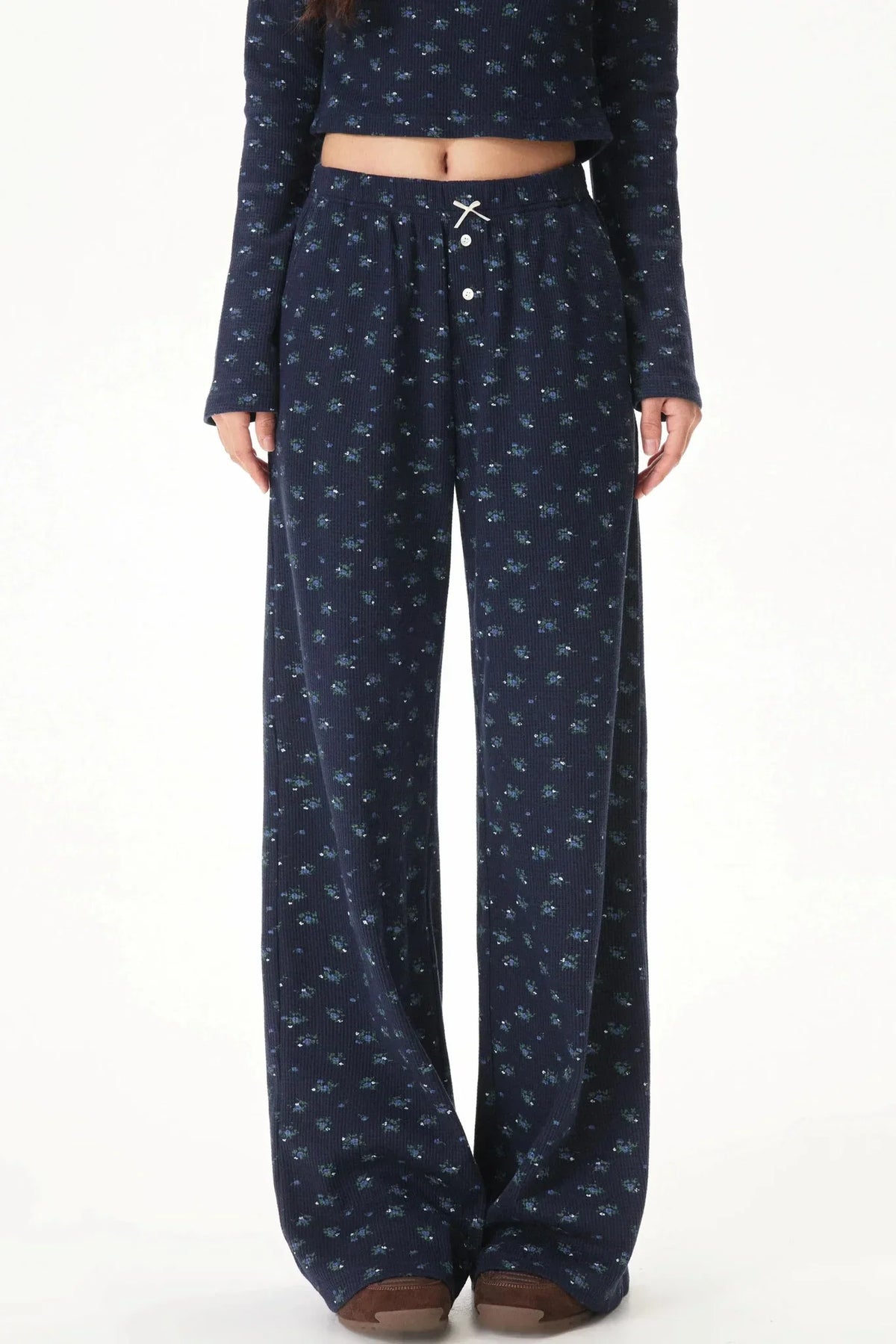 Floral Placket Blouse and Pants Set-Up