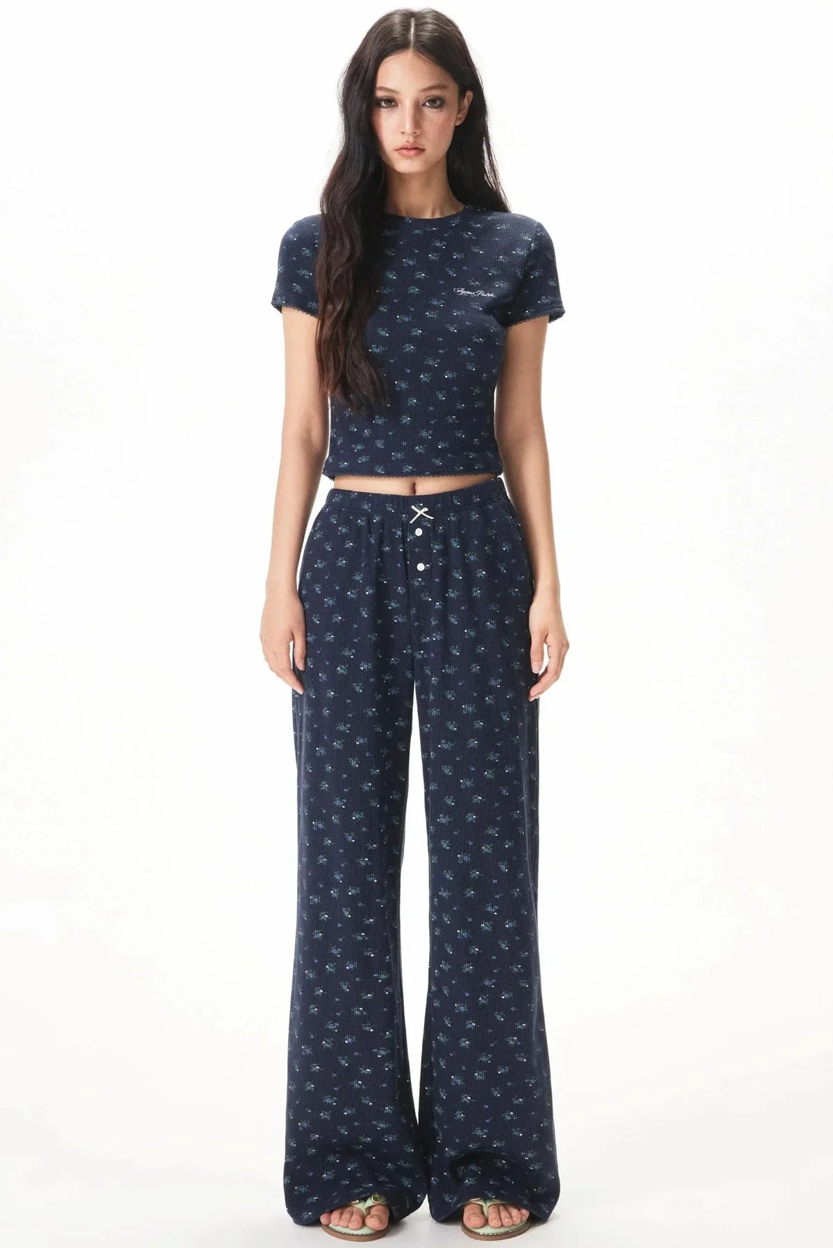 Floral Placket Blouse and Pants Set-Up