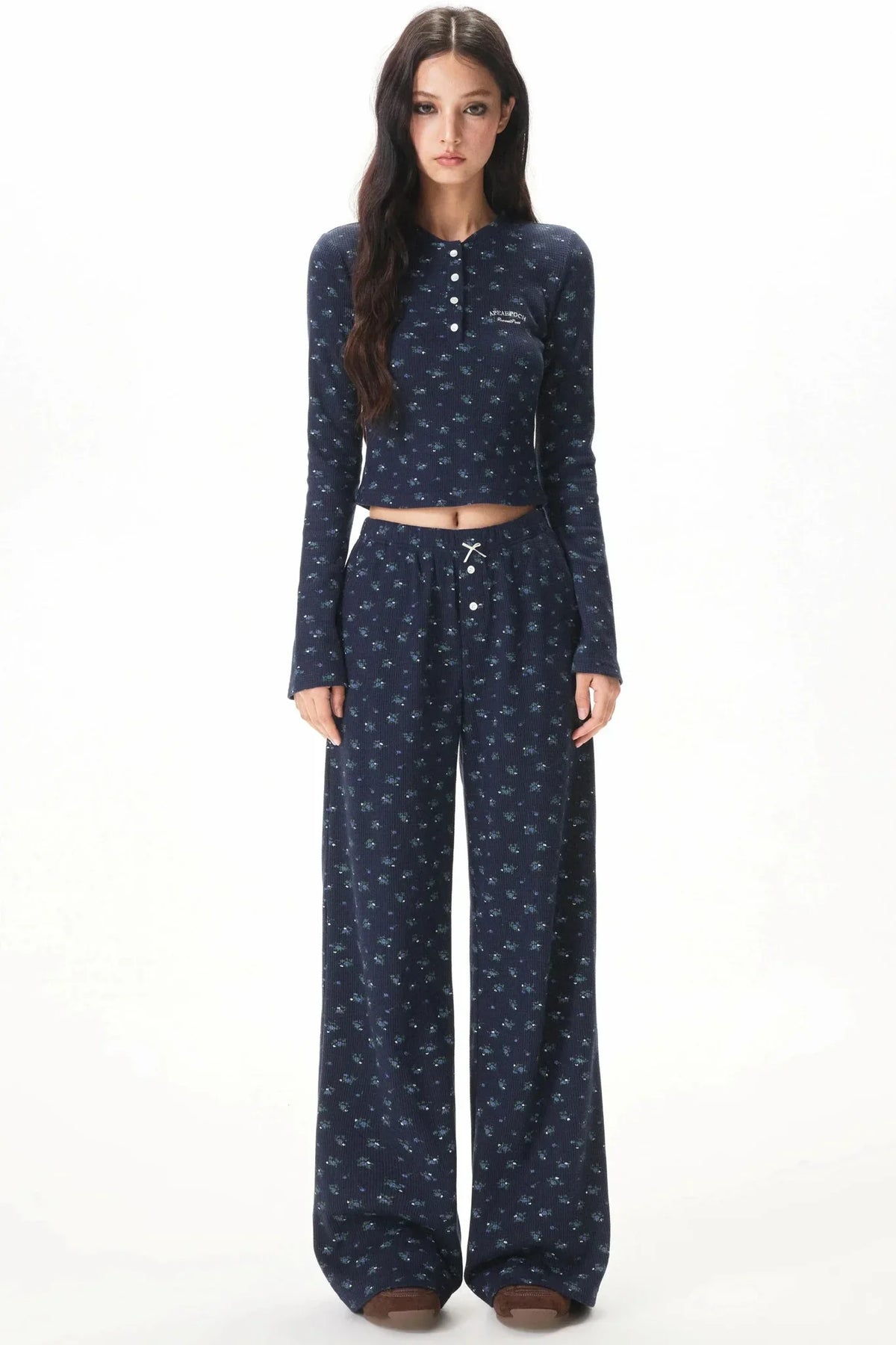 Floral Placket Blouse and Pants Set-Up