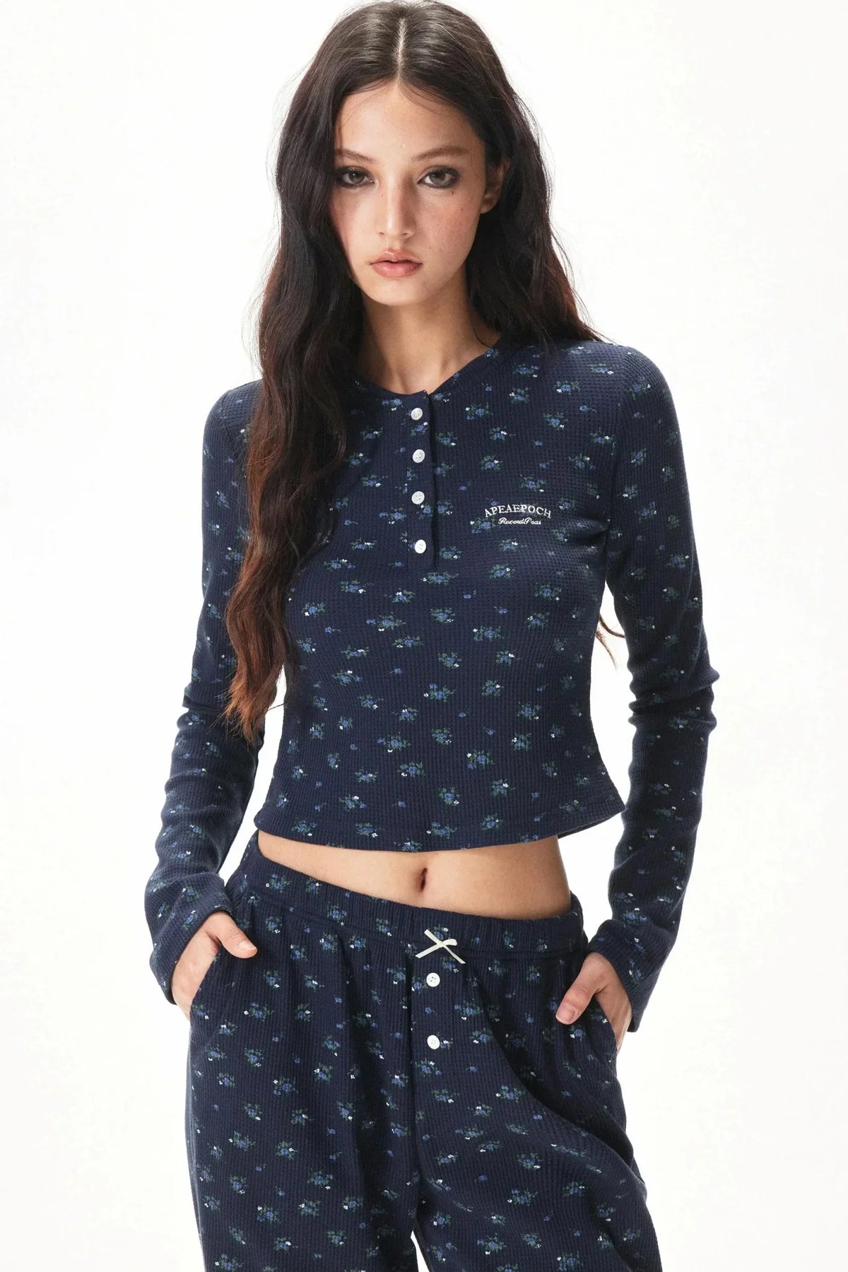 Floral Placket Blouse and Pants Set-Up
