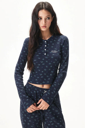 Floral Placket Blouse and Pants Set-Up