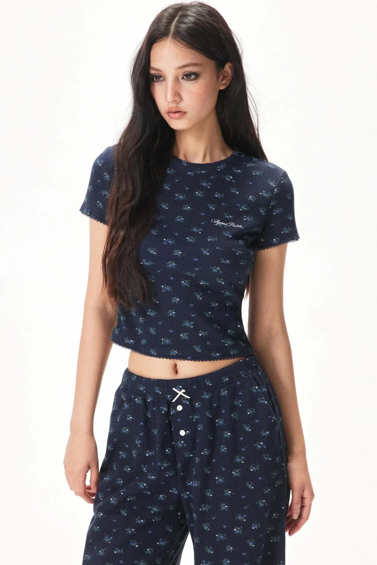 Floral Placket Blouse and Pants Set-Up