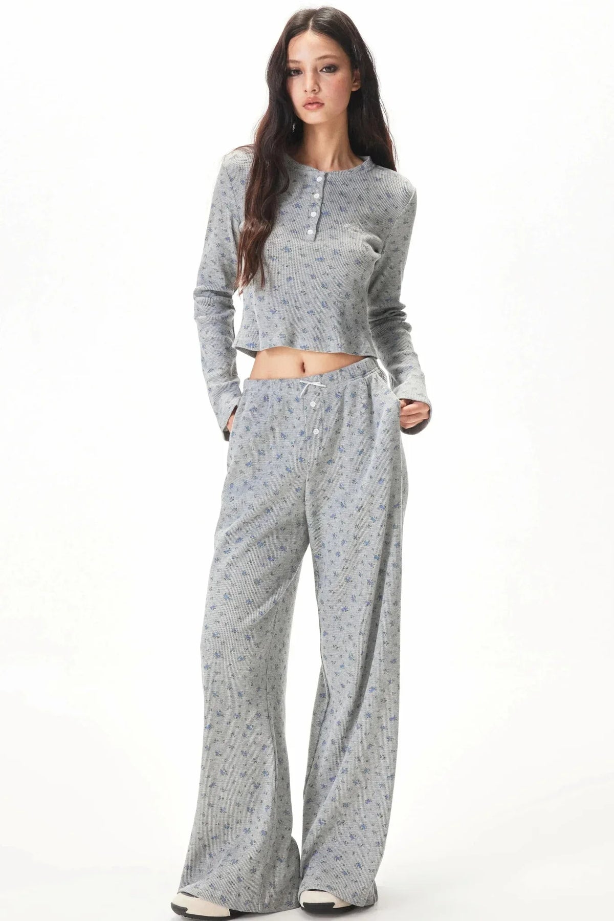 Floral Placket Blouse and Pants Set-Up