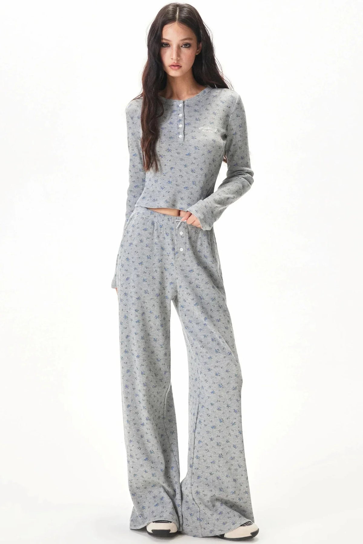Floral Placket Blouse and Pants Set-Up