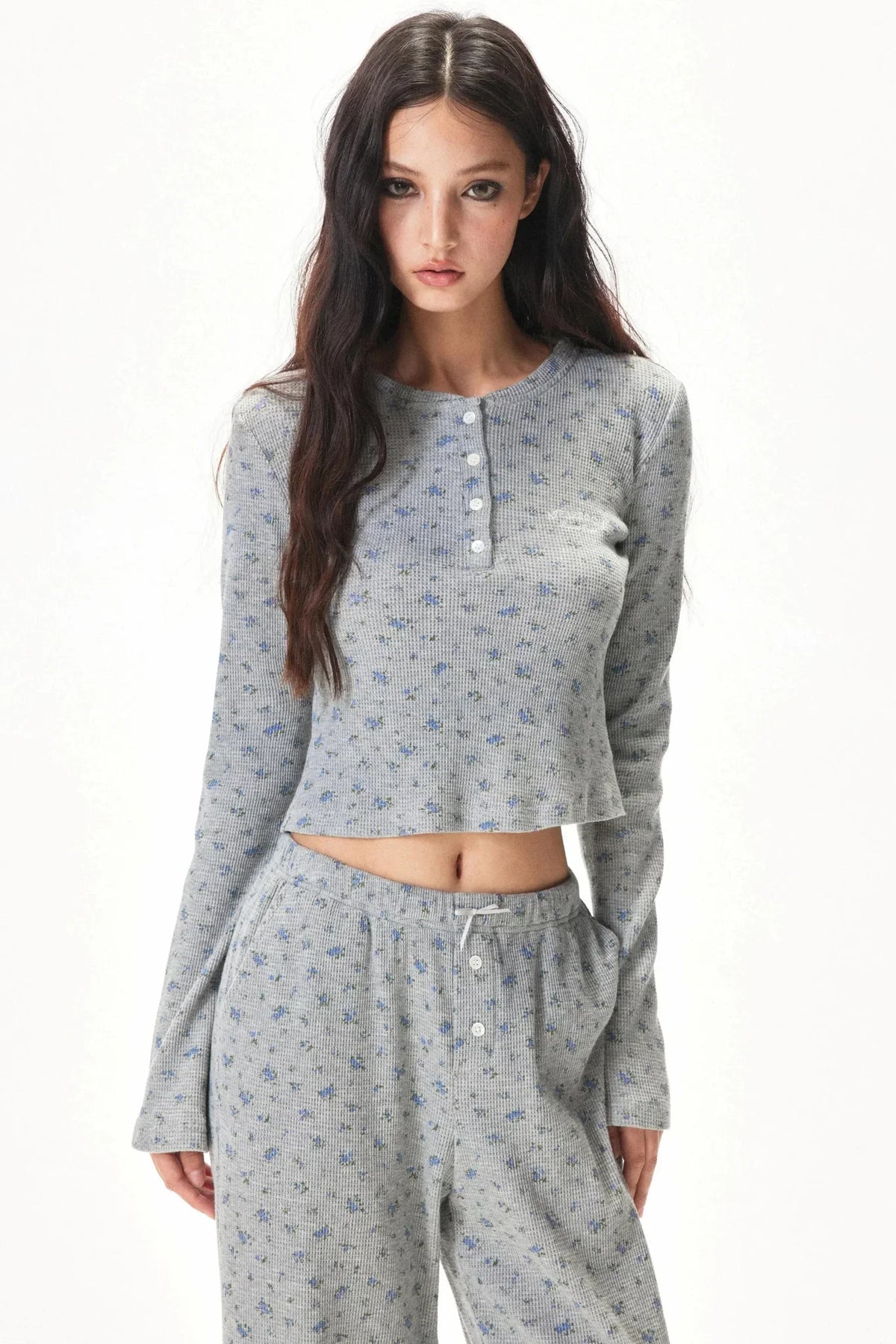 Floral Placket Blouse and Pants Set-Up