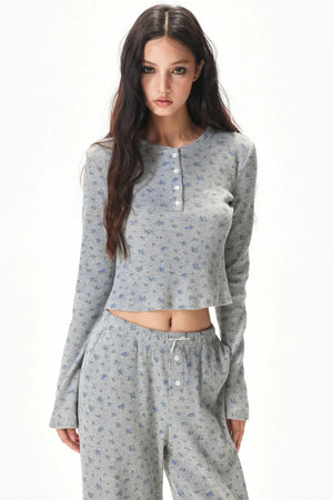 Floral Placket Blouse and Pants Set-Up