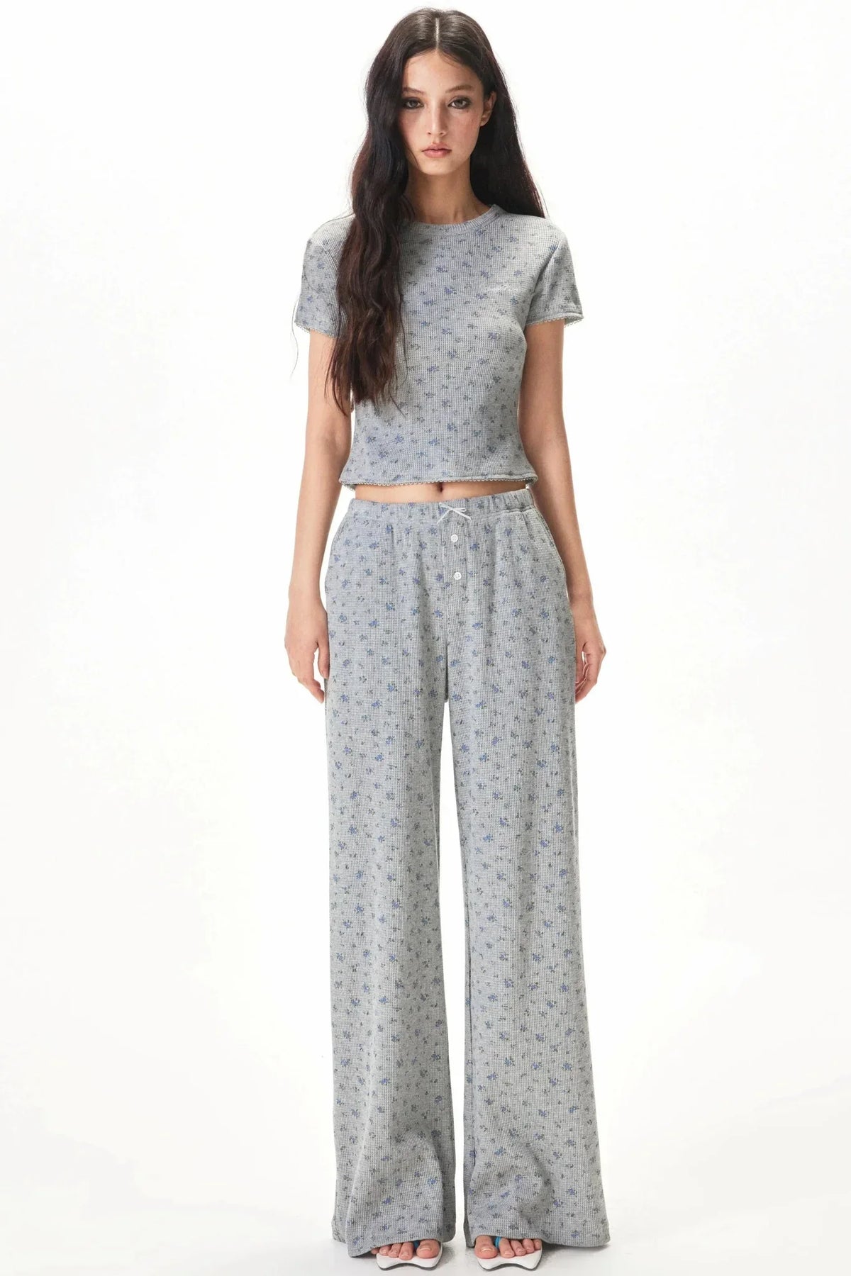 Floral Placket Blouse and Pants Set-Up