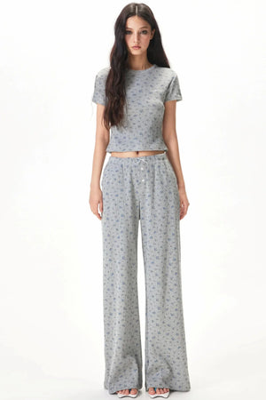 Floral Placket Blouse and Pants Set-Up