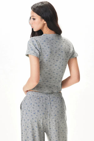 Floral Placket Blouse and Pants Set-Up