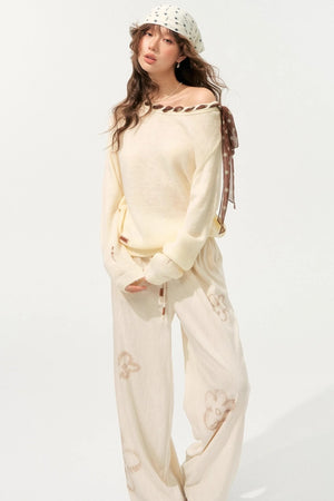 Floral Pleated Lace-Up Pants