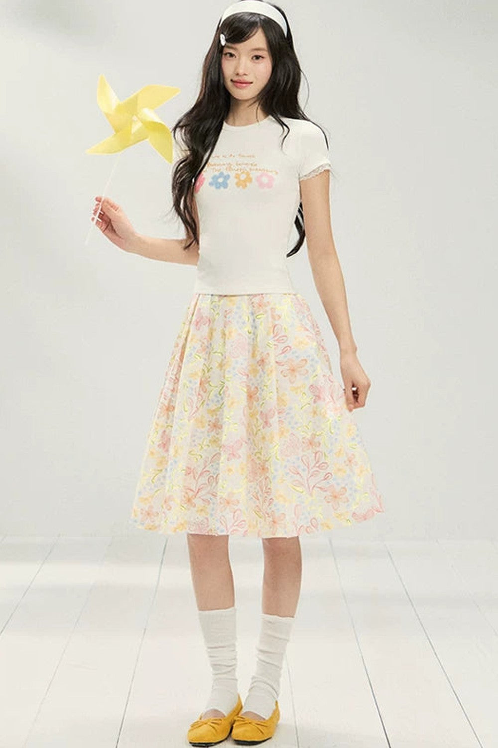 Floral Pleated Skirt and T-shirt Set-Up