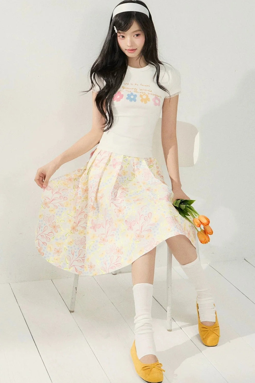 Floral Pleated Skirt and T-shirt Set-Up
