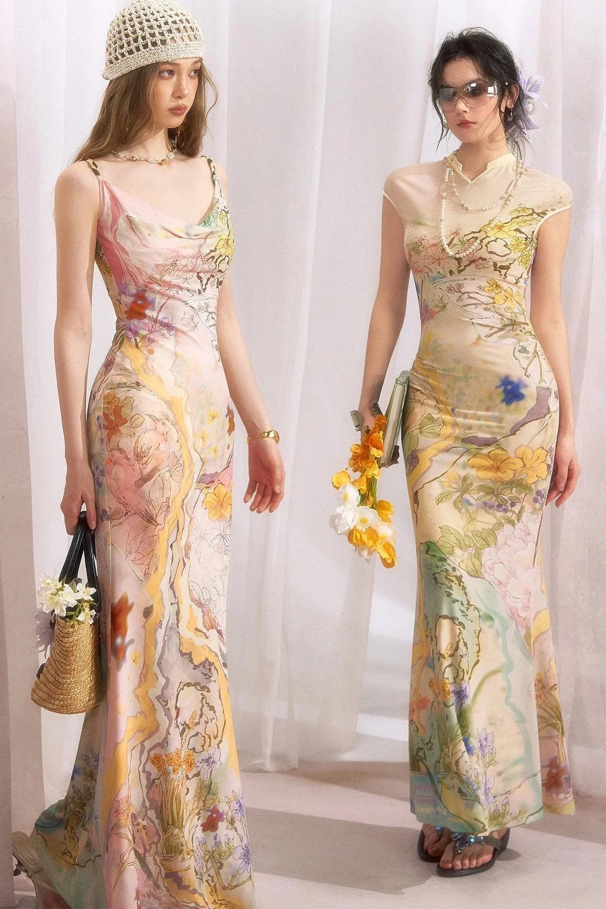 Floral Print Cheongsam Collar Camisole Dress
