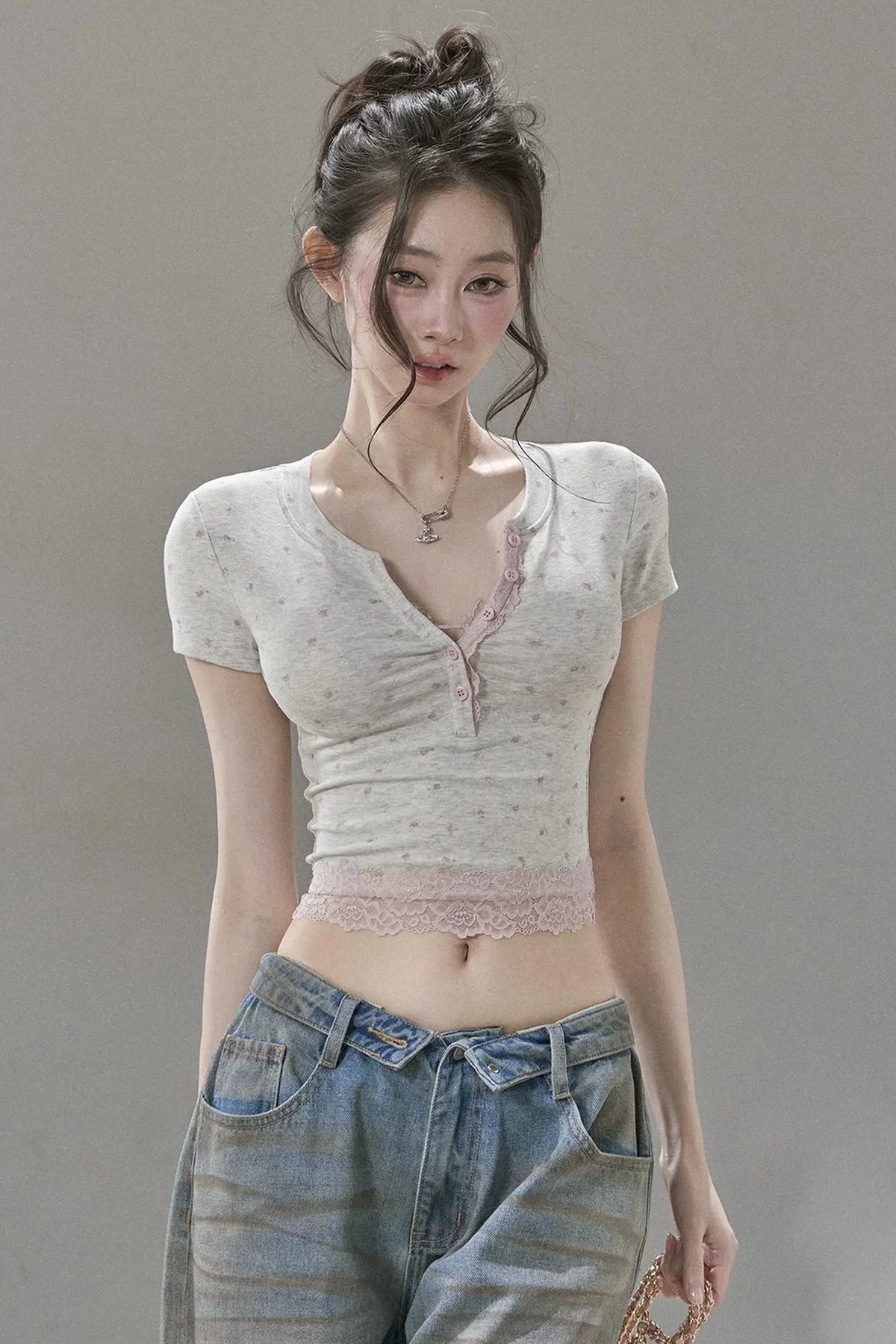 Floral Print Henley Lace Trim Top