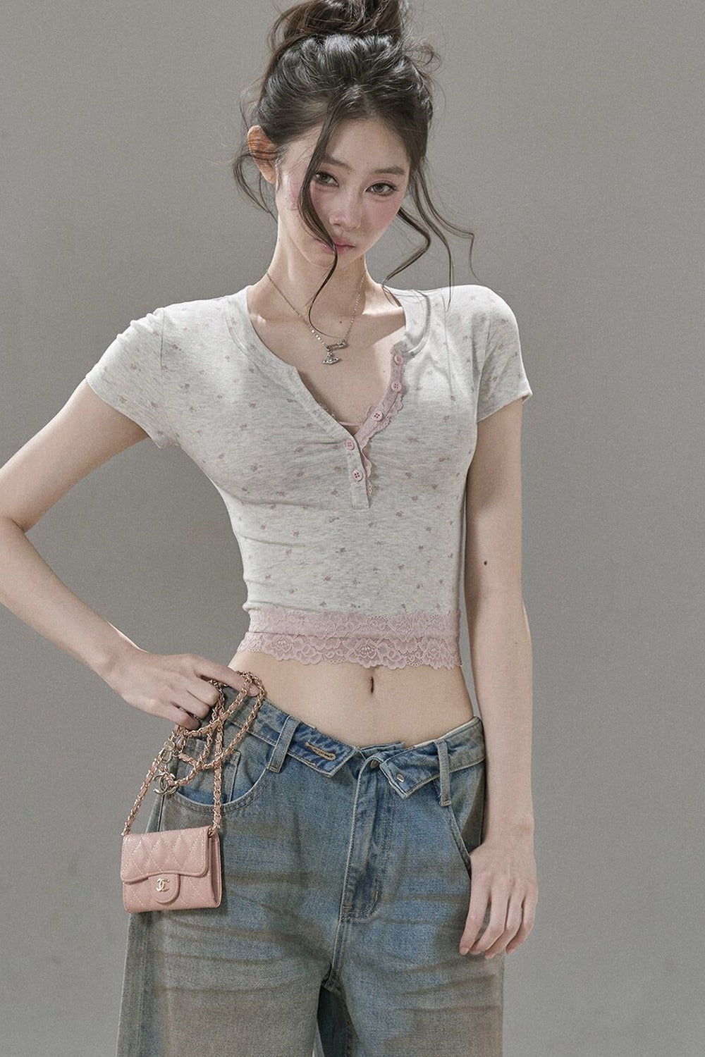 Floral Print Henley Lace Trim Top