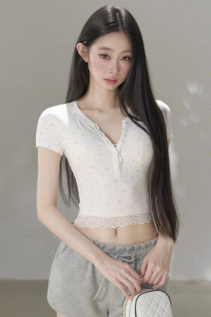 Floral Print Henley Lace Trim Top