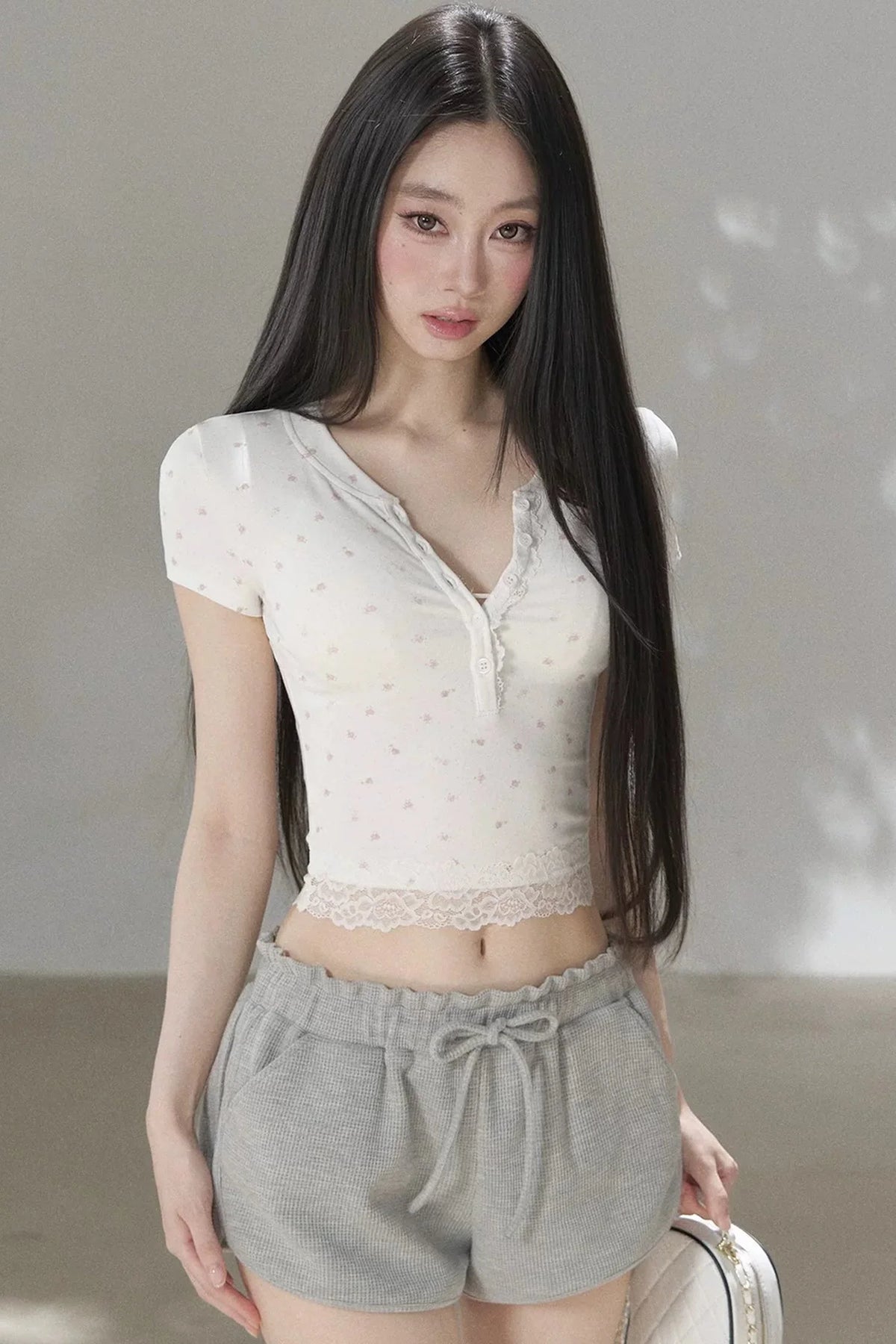 Floral Print Henley Lace Trim Top