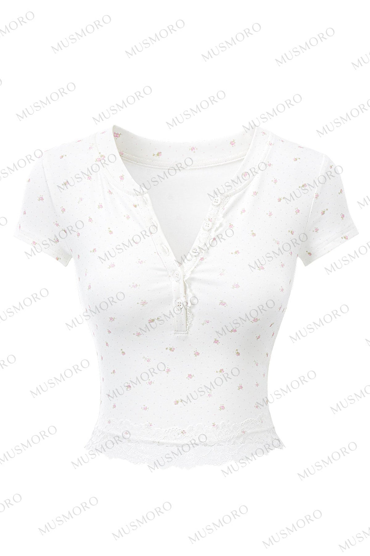 Floral Print Henley Lace Trim Top