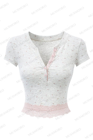 Floral Print Henley Lace Trim Top