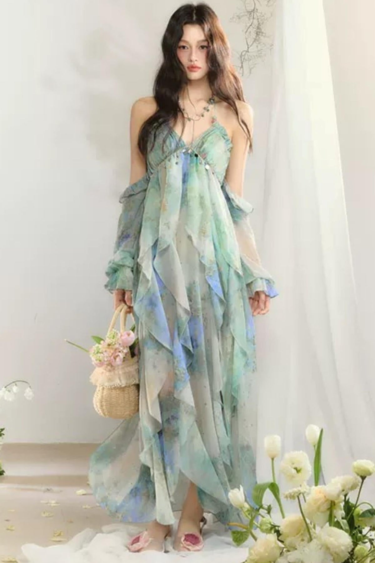 Floral Print Layered-Look Spaghetti Strap Dress