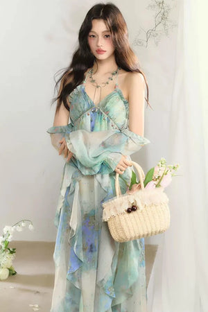 Floral Print Layered-Look Spaghetti Strap Dress