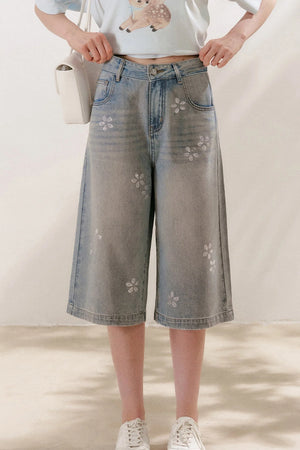 Floral Rhinestone Wide-Leg Denim Pants