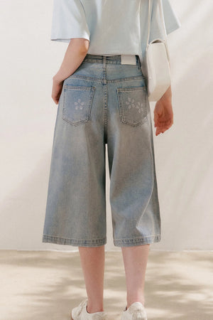 Floral Rhinestone Wide-Leg Denim Pants